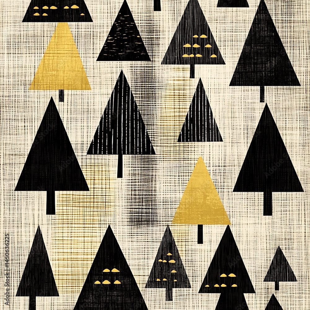 Poster abstract seamless pattern with black and gold stylized christmas trees on a textured beige backgroun