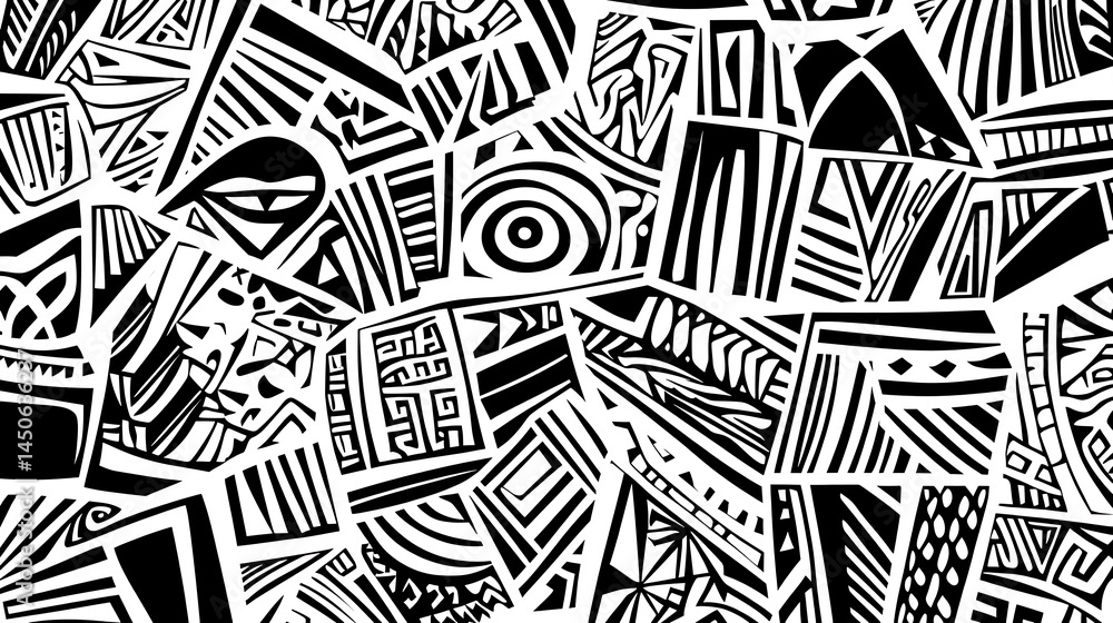 Poster abstract black and white pattern with geometric shapes and lines creating a complex, intricate desig