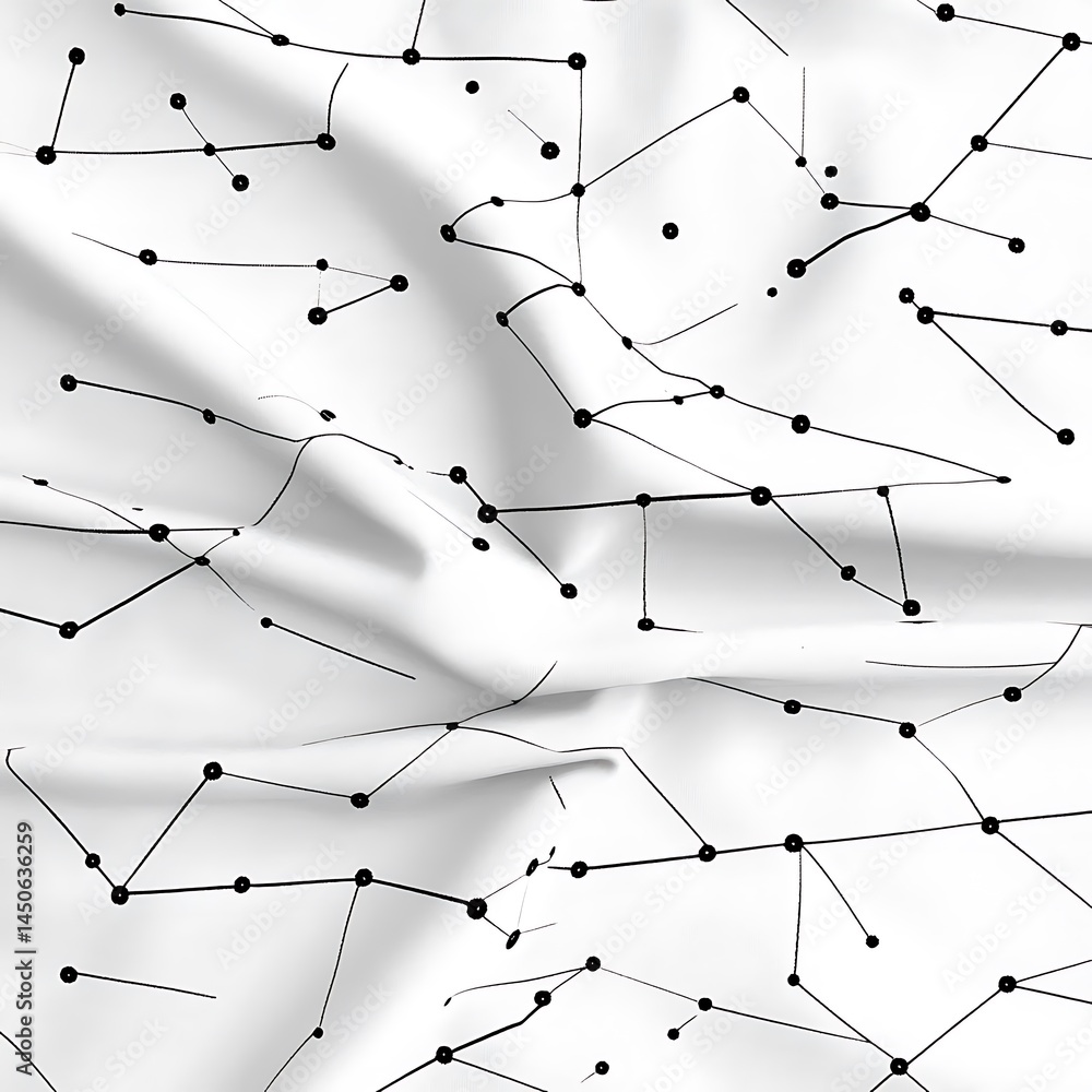 Poster abstract black and white pattern on white fabric. minimalist design with thin lines and small dots c