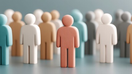 Outliers Differences concept. Wooden human figures in various colors stand together, with one figure in the foreground symbolizing individuality and leadership.