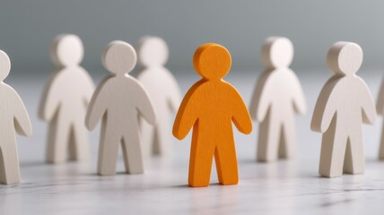Individuality standout difference. A group of wooden figures with one orange figure standing out among white ones, symbolizing individuality and leadership.