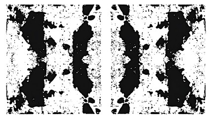 Abstract black and white symmetrical pattern. High contrast image with irregular shapes resembling blots or ink splatters creating a mirrored design. The texture is rough and uneven