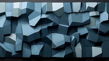 Abstract image of various shades of blue and gray geometric shapes creating a textured and rough surface. The shapes are predominantly angular and irregular, creating a sense of depth and movement