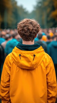 Outliers Differences concept. A person in a yellow jacket stands out from a crowd, viewed from behind, in an outdoor setting with blurred people and trees ahead.