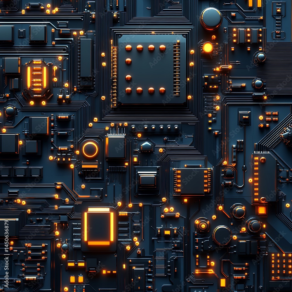 Poster abstract close up of a circuit board with glowing orange components. dark background with intricate 