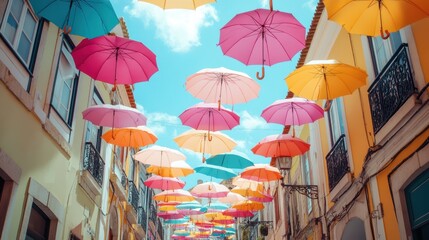 Colorful umbrellas decorate a charming city street.