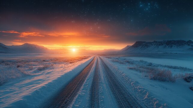 Arctic highway leading towards a radiant dawn illuminating winter scenery
