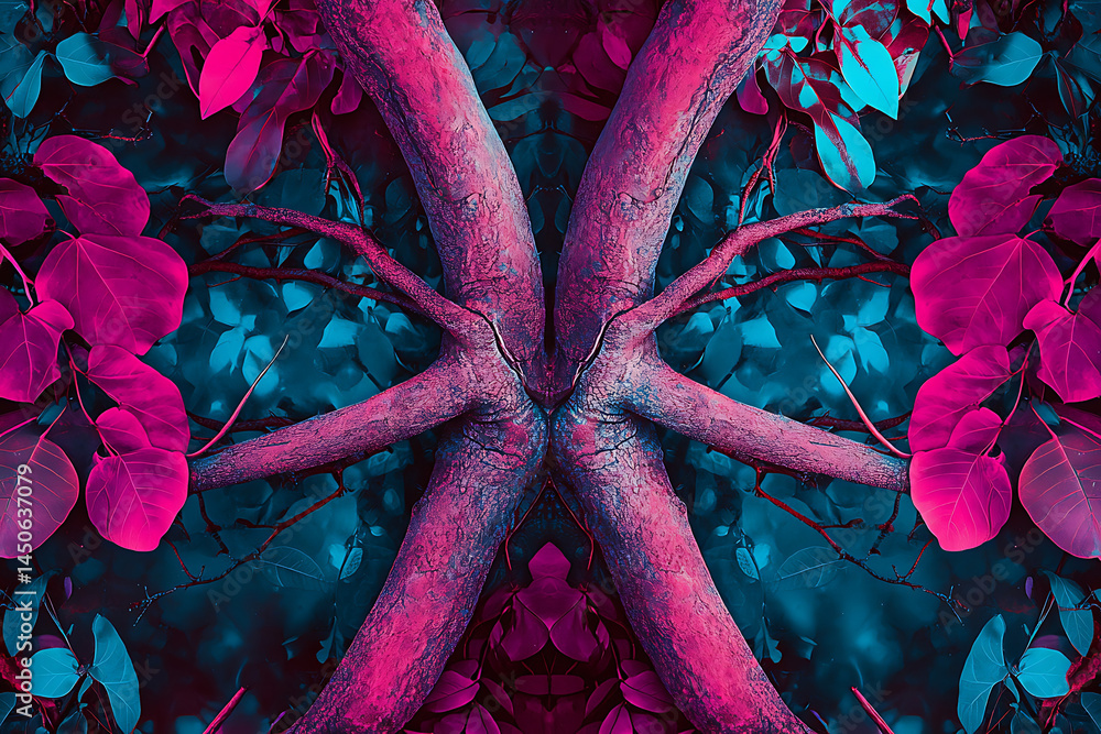 Poster symmetrical tree branches with pink and blue foliage creating an abstract nature scene view art