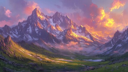 Majestic Mountain Sunset Landscape with Vibrant Colors