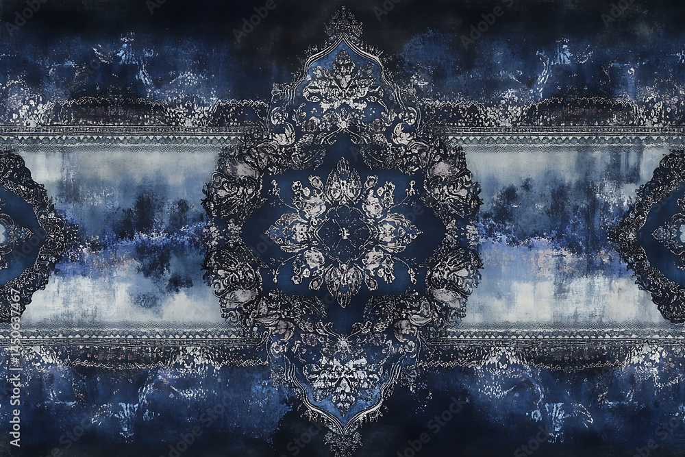 Poster abstract dark blue and white patterned design with a central mandala like motif. the pattern feature