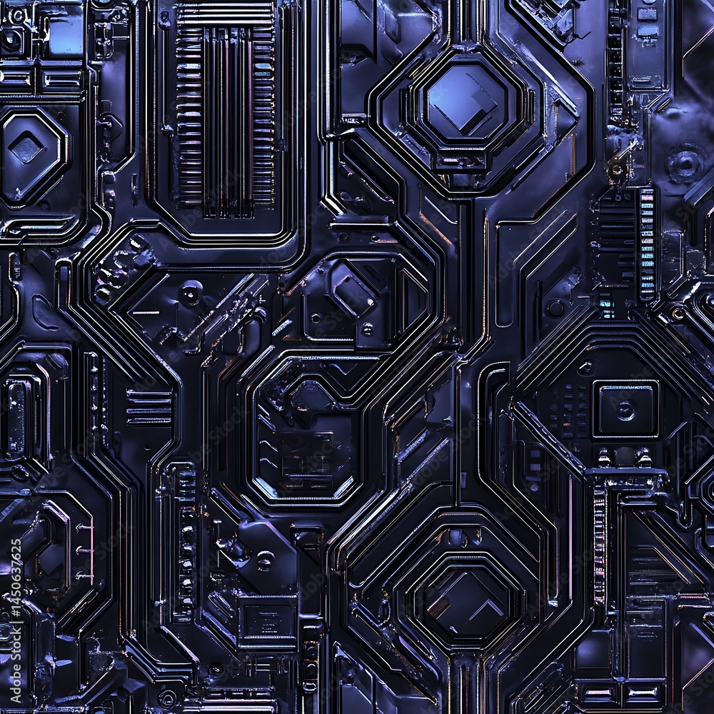 Poster abstract digital art depicting a complex network of dark purple and blue metallic shapes, resembling