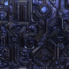 Abstract digital art depicting a complex network of dark purple and blue metallic shapes, resembling circuit boards or futuristic technology. The octagonal and rectangular elements are interconnected