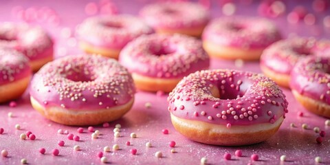 A Close-Up View of Pink Glazed Donuts Sprinkled with Sugar Crystals and Tiny Pink Beads on a Pink Surface
