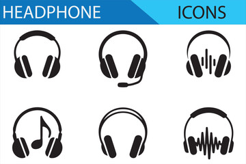 A collection of black headphone icons in simple silhouette form for creative projects.