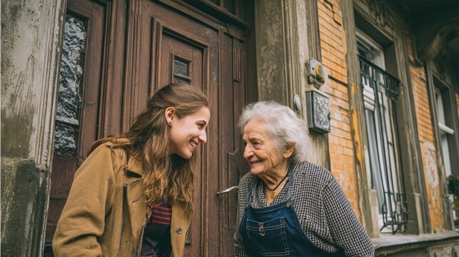 Two women interacting cordially outside a historical structure.