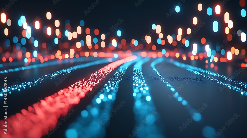 Poster abstract digital art depicting glowing red and blue lines converging and diverging across a dark bac