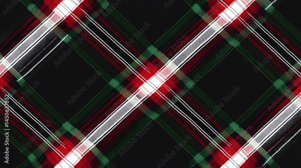 Poster abstract diagonal plaid pattern in red, green, white, and black. the intersecting lines create a tex