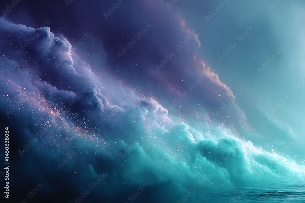Poster ethereal nebula clouds with golden particles floating over calm water surface
