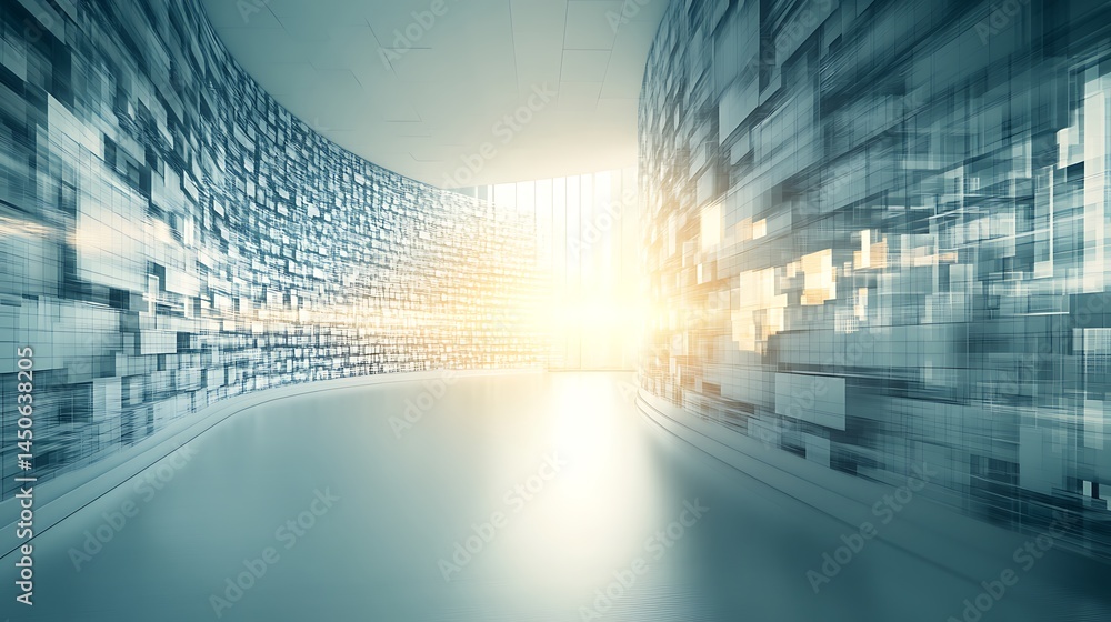 Poster abstract digital art depicting a curved, futuristic space. walls are composed of numerous small, tex