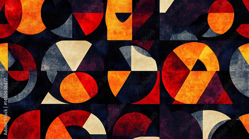 Poster abstract geometric pattern with circles, triangles, and squares in shades of red, orange, gray, and 
