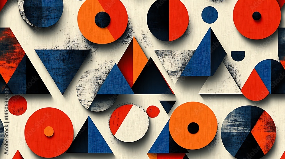 Poster abstract geometric pattern featuring overlapping circles and triangles in shades of blue, orange, an