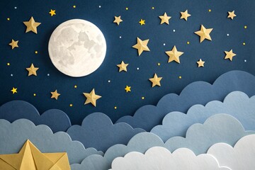 paper art origami abstract concept moon, stars and clouds at night - generated by ai