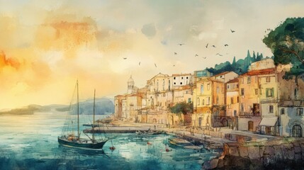 Colorful waterfront cityscape at sunset.