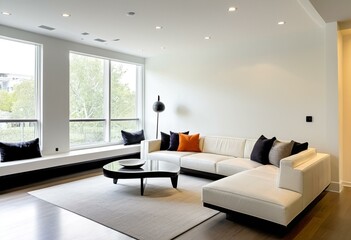 A living room with a large sectional couch and a flat screen television.