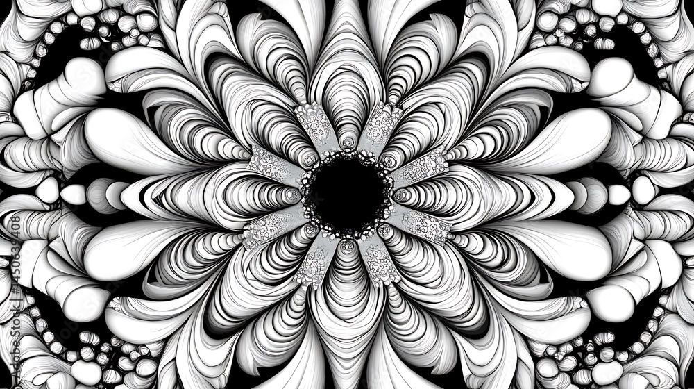 Poster abstract grayscale fractal art depicting a symmetrical pattern resembling a flower with concentric c