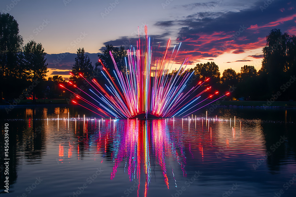 Poster illuminated fountain display reflecting in a dark lake at dusk with trees in the background