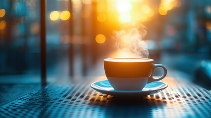 A steaming cup of coffee sits on a table outside, bathed in the warm glow of the setting sun