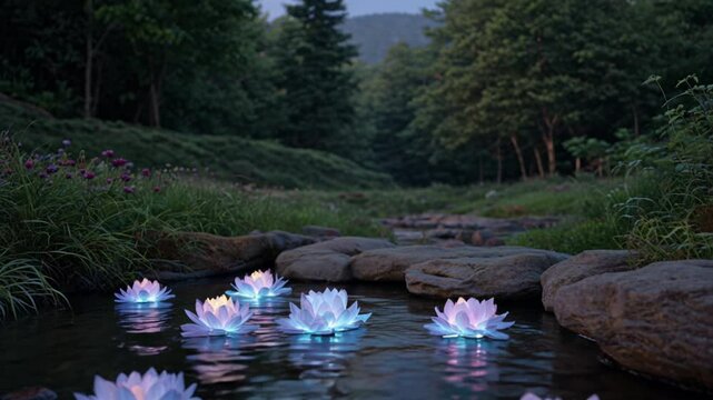 Bioluminescent water lilies float in a peaceful pond in a beautiful garden