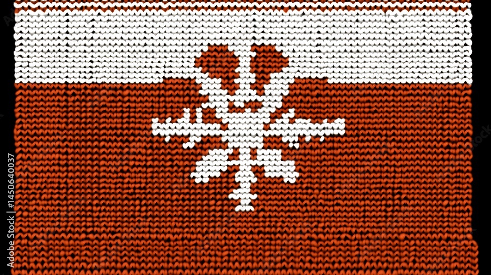 Poster abstract knit texture design featuring a large snowflake in white against a burnt orange background.