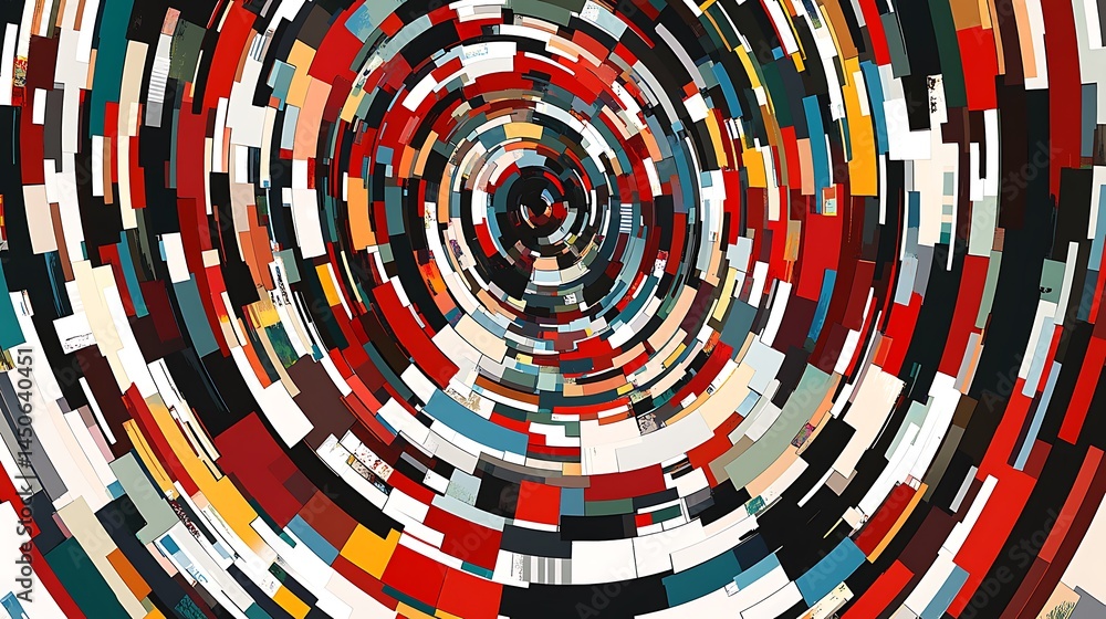 Poster abstract swirling vortex of multicolored pixelated squares and rectangles. reds, yellows, and blues 