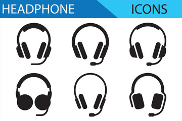 Simple black headphones icon set for creative and technological design projects.