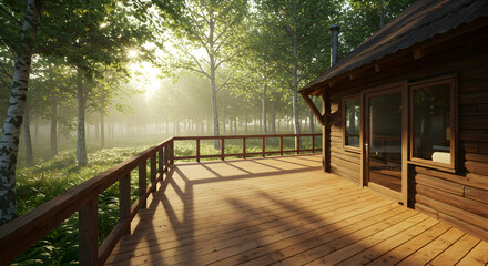 Wooden Cabin Retreat With Sunlight Streaming Through Misty Forest