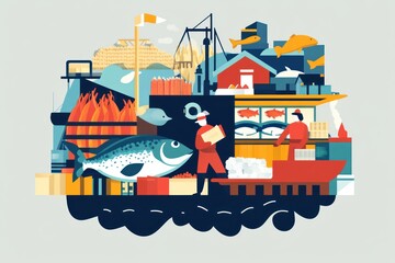 Obraz premium Busy fish market scene with fishermen, fish, crates, and boats.