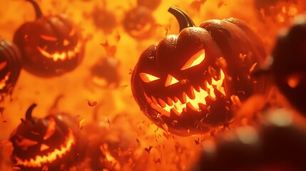 Multiple jack-o-lanterns glowing ominously on an orange background