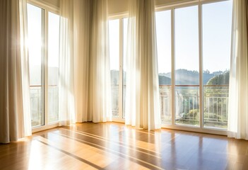 A large room with a large window and a wooden floor.