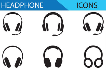 Collection of minimalist headset icons with microphone for communication and audio use.