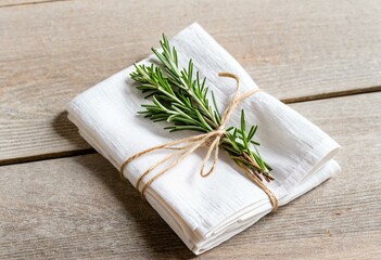 A bunch of rosemary tied up on a napkin.