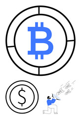 Bitcoin symbol in circular border, dollar icon, man shielding from flying missiles. Ideal for finance, cryptocurrency, security, blockchain, digital currency, fintech technology simple landing page