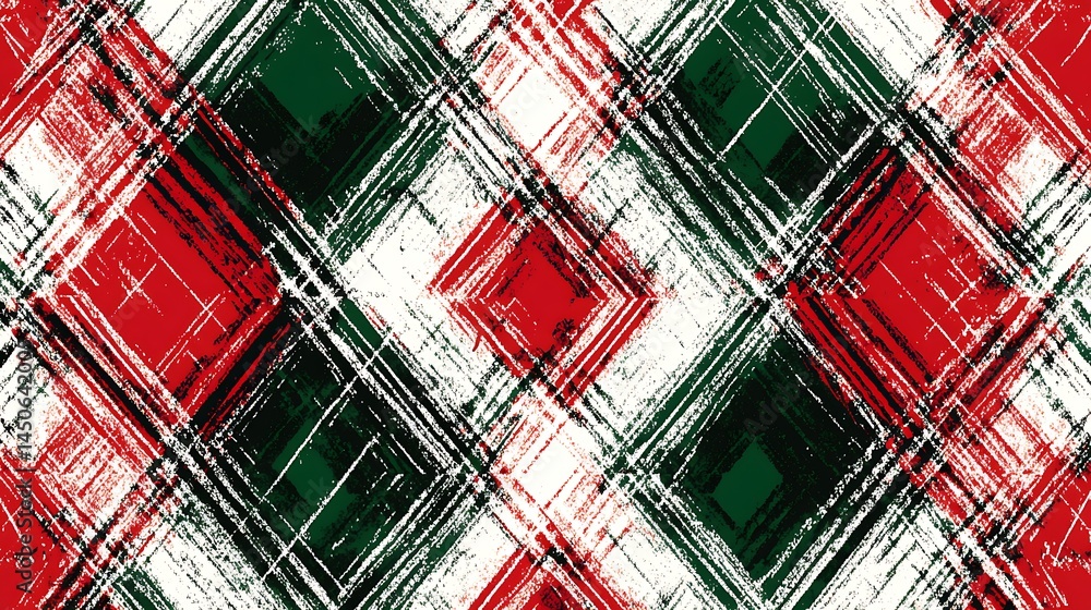 Poster abstract red, green, and white plaid pattern with a textured, hand painted look. the design features
