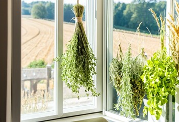 A bunch of herbs hanging from a window sill.