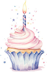 Tasty child birthday party cupcake illustration as watercolor decoration