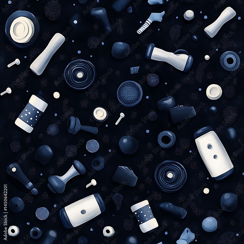 Poster abstract seamless pattern featuring various dark blue and off white 3d objects on a dark blue backgr