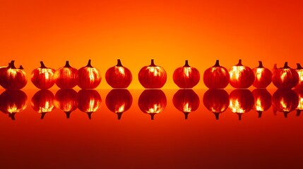 Eerie glowing pumpkins arranged symmetrically on a bright orange surface