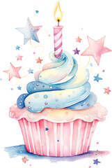 Birthday cupcake in watercolor with one candle and stars isolated on transparent background