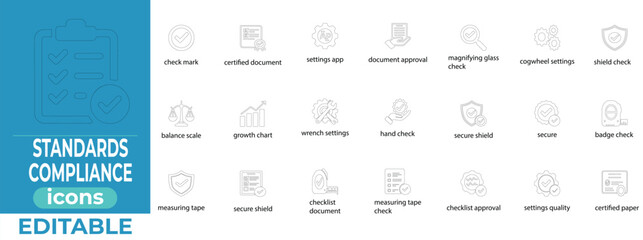 Premium editable standards compliance liner vector icons for certifications, safety, and quality, with clean minimalist design