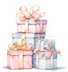 Birthday gift packages as watercolor illustration isolated on transparent background